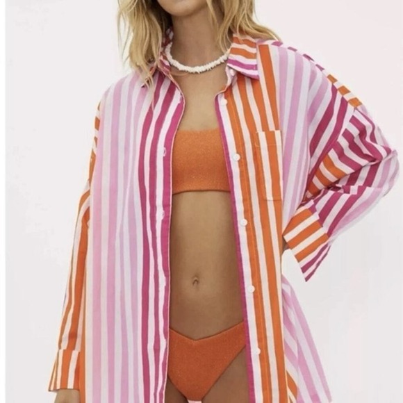 Beach Riot Alexa Coverup Button‎ Down Top Pink Orange Petite Large - Picture 3 of 6